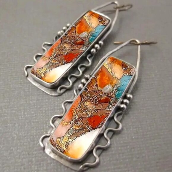 Retro Boho Style Geometric Dangle Earrings - Brn-Org-Turq - Picture 3 of 6